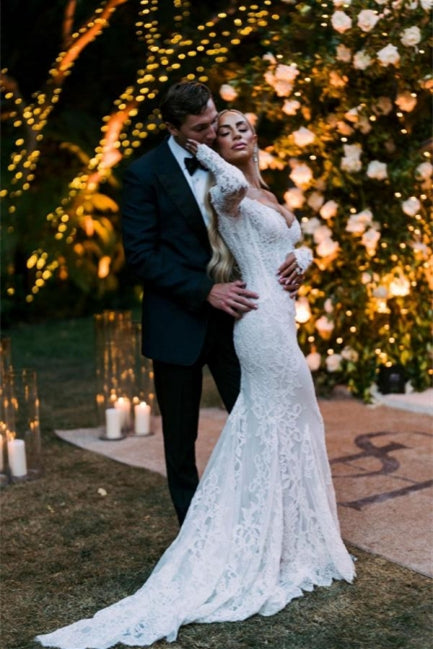 Vestidos de novia de sirena de diseñador, con hombros descubiertos y mangas largas, con encaje.
