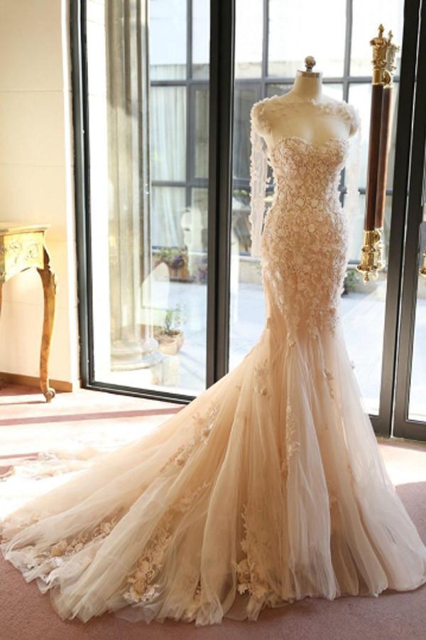 Robe de mariée sirène à manches longues, dos nu transparent et fleurs, modèle WD101