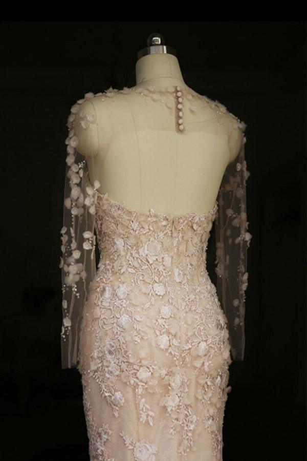 Robe de mariée sirène à manches longues, dos nu transparent et fleurs, modèle WD101