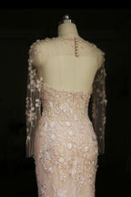 Robe de mariée sirène à manches longues, dos nu transparent et fleurs, modèle WD101
