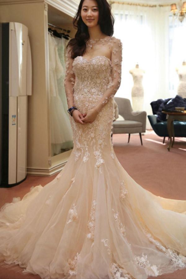 Robe de mariée sirène à manches longues, dos nu transparent et fleurs, modèle WD101