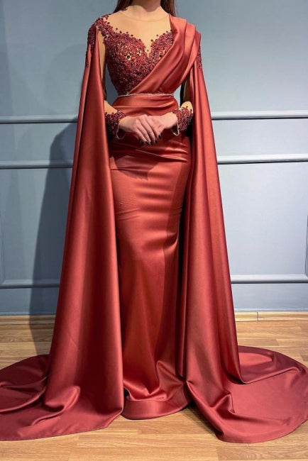 Vestidos de noche largos de sirena rojos de diseñador, con encaje, escote en V y mangas, con mangas