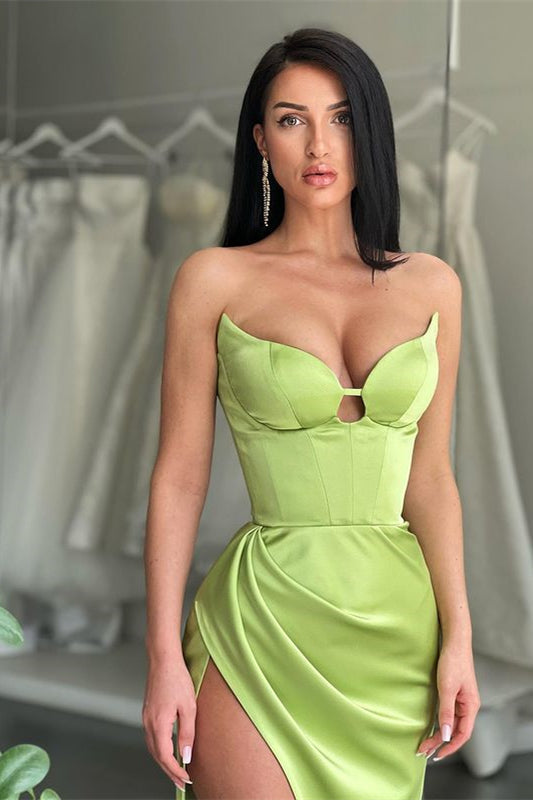 Vestido de sirena de satén elástico, sexy y de diseñador, con abertura lateral.