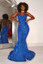 Robe de bal sirène longue en dentelle à bretelles spaghetti et sans manches