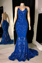 Robe de bal sirène longue en dentelle à bretelles spaghetti et sans manches