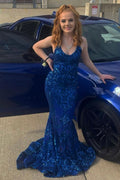 Robe de bal sirène longue en dentelle à bretelles spaghetti et sans manches