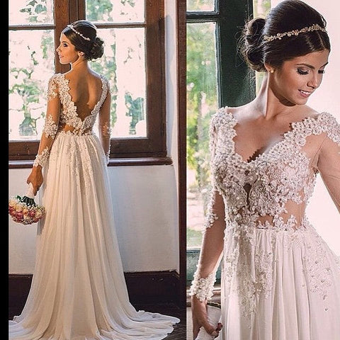 Vestido de novia de diseñador con cola de barrido, escote en V, espalda descubierta de encaje y gasa.
