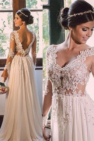 Vestido de novia de diseñador con cola de barrido, escote en V, espalda descubierta de encaje y gasa.