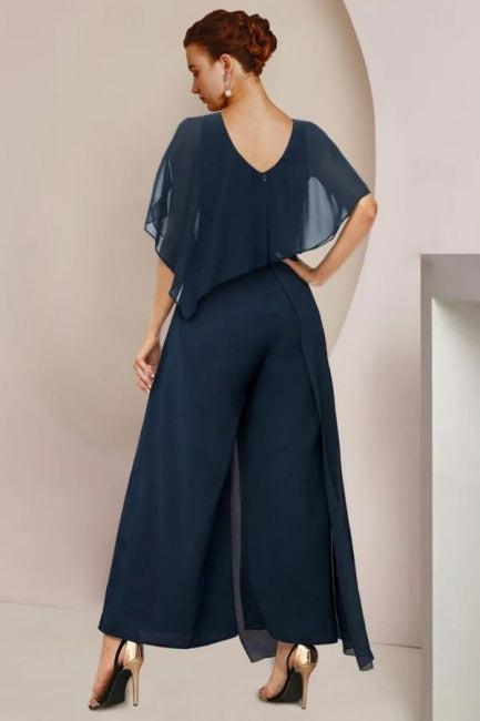 Traje de dos piezas de diseñador para la madre de la novia, vestidos de dama de honor de gasa con escote redondo y mangas cortas con volantes