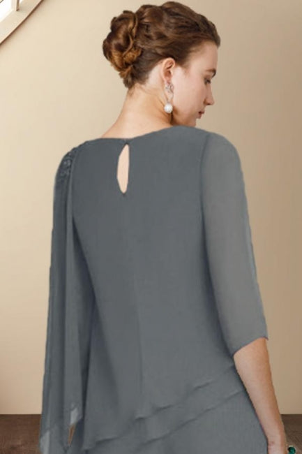 Ensemble deux pièces de créateur pour la mère de la mariée, robe de demoiselle d'honneur en mousseline à manches courtes et col rond avec volants