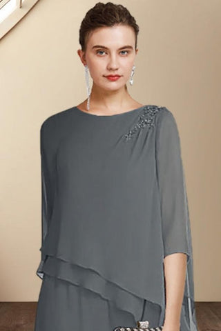 Designer Two Pieces Mother of The Bride Suit Chiffon Scoop Half Sleeve Bridesmaid Dresses With Ruffles