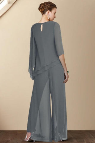 Designer Two Pieces Mother of The Bride Suit Chiffon Scoop Half Sleeve Bridesmaid Dresses With Ruffles