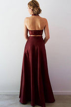 Designer Two Pieces Lace A-Line Split Front Floor-Length Halter Formal Dresses