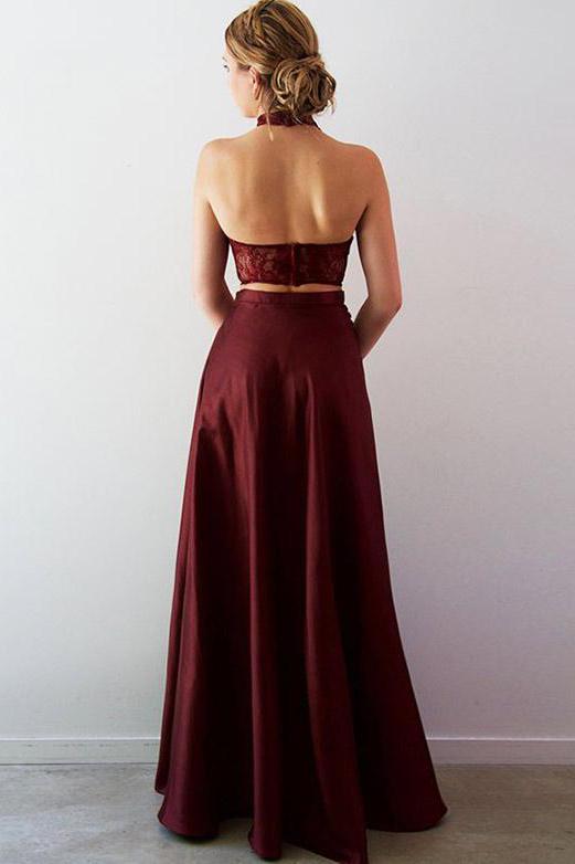 Designer Two Pieces Lace A-Line Split Front Floor-Length Halter Formal Dresses