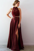 Designer Two Pieces Lace A-Line Split Front Floor-Length Halter Formal Dresses