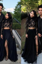 Designer Two Pieces Long Sleevess Evening Gown Black Chic Slit Lace Formal Dresses