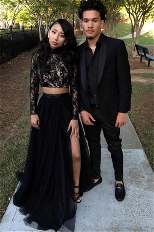 Designer Two Pieces Long Sleevess Evening Gown Black Chic Slit Lace Formal Dresses