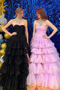 Vestido de fiesta de tul sin tirantes, corte en A, con múltiples capas y abertura