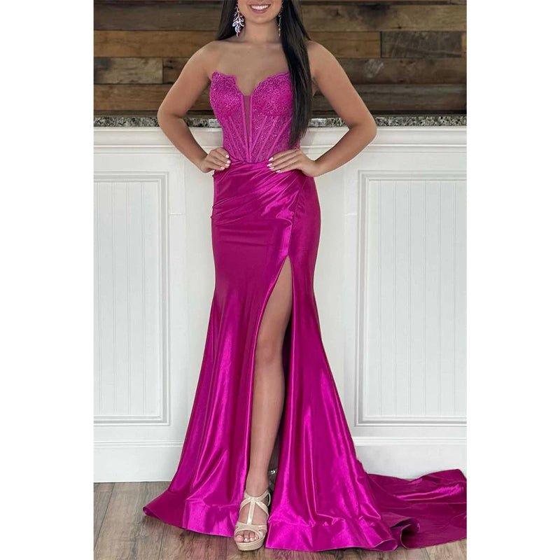 Vestido de noche de graduación con mangas abullonadas desmontables, escote en V, apliques y abertura lateral 