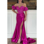 Vestido de noche de graduación con mangas abullonadas desmontables, escote en V, apliques y abertura lateral 