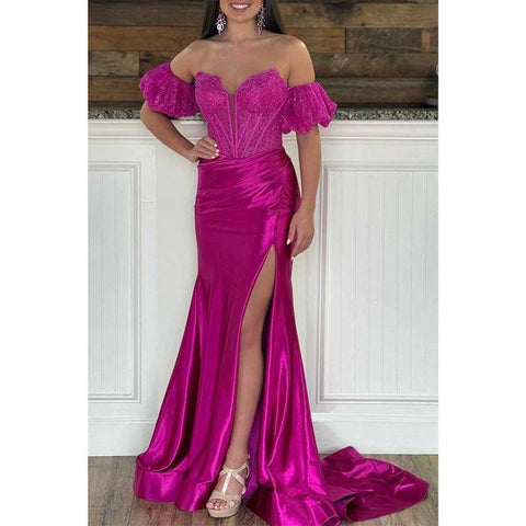 Detachable Puff Sleeves V-neck Appliques with Side Slit Prom Evening Dress