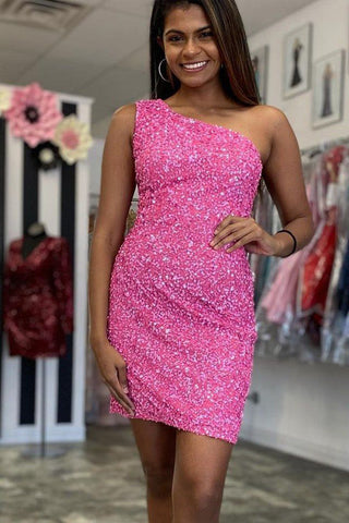 Bodycon One Shoulder Green Sequins Short Homecoming Dress