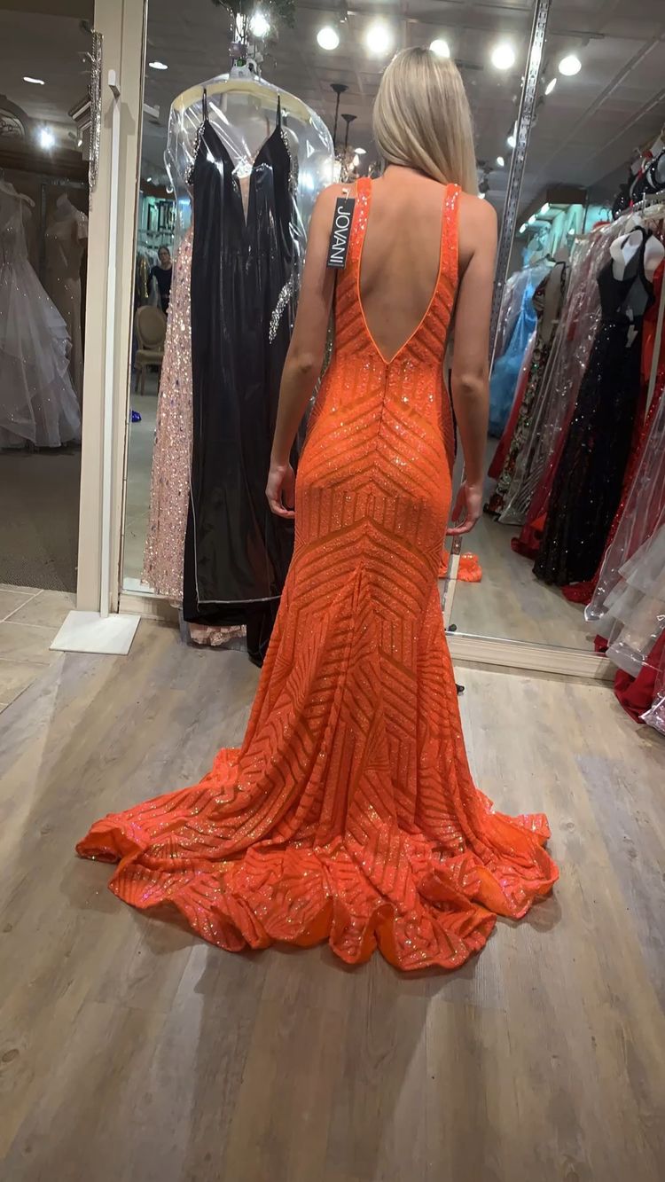 Robe de bal longue sirène sexy à paillettes et col en V, robe de soirée orange Y1397