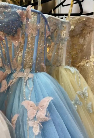 Vestido de hada, vestido de baile azul sin mangas con mariposas rosas Y1387