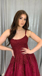 Burgundy tulle lace long prom dress A line evening dress Y1434