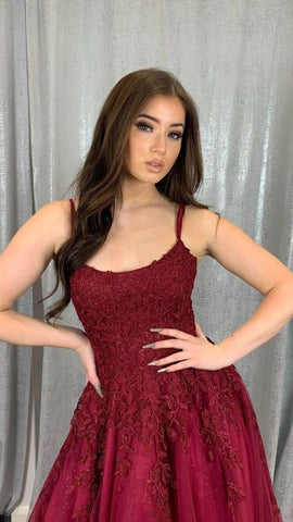 Burgundy tulle lace long prom dress A line evening dress Y1434