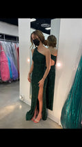 Robe de soirée longue asymétrique verte à une épaule, dos nu, Y1395