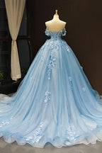 Vestido de baile elegante con hombros descubiertos y apliques de encaje azul Y1578
