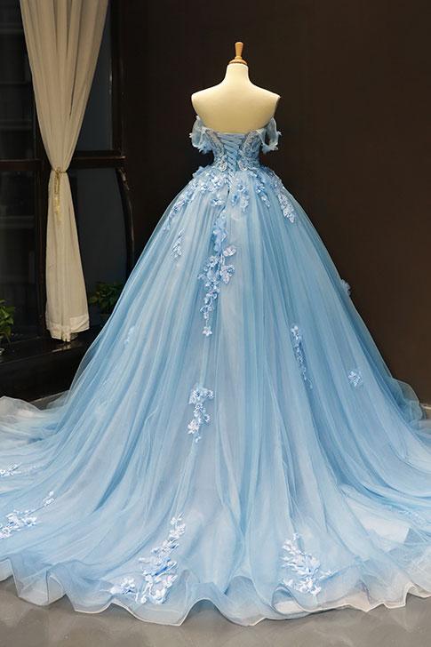 Vestido de baile elegante con hombros descubiertos y apliques de encaje azul Y1578