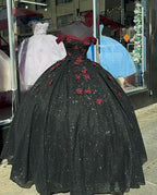 Vestido de quinceañera negro brillante con mariposas burdeos, vestido de gala Sweet 16 Y1415