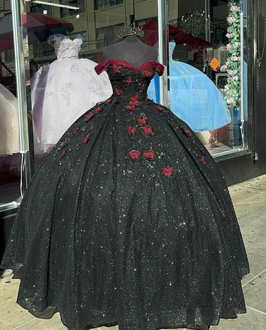 Robe de bal noire à paillettes avec papillons bordeaux pour Quinceañera ou Sweet 16, référence Y1415
