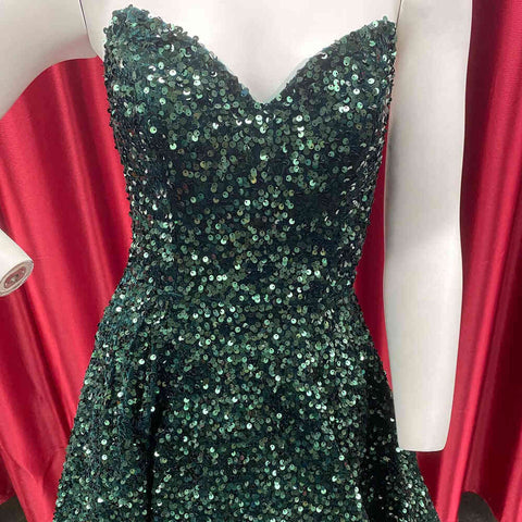 Vestido de fiesta de bienvenida corte A con lentejuelas verde oscuro y escote corazón Y1409