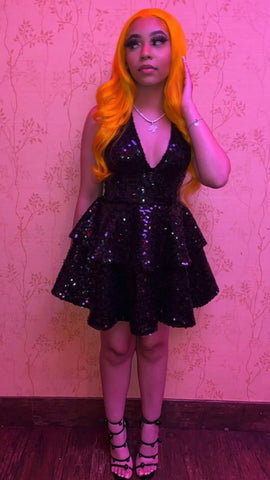 Vestido de fiesta de bienvenida con lentejuelas negras, escote en V profundo, estilo escalonado Y1394