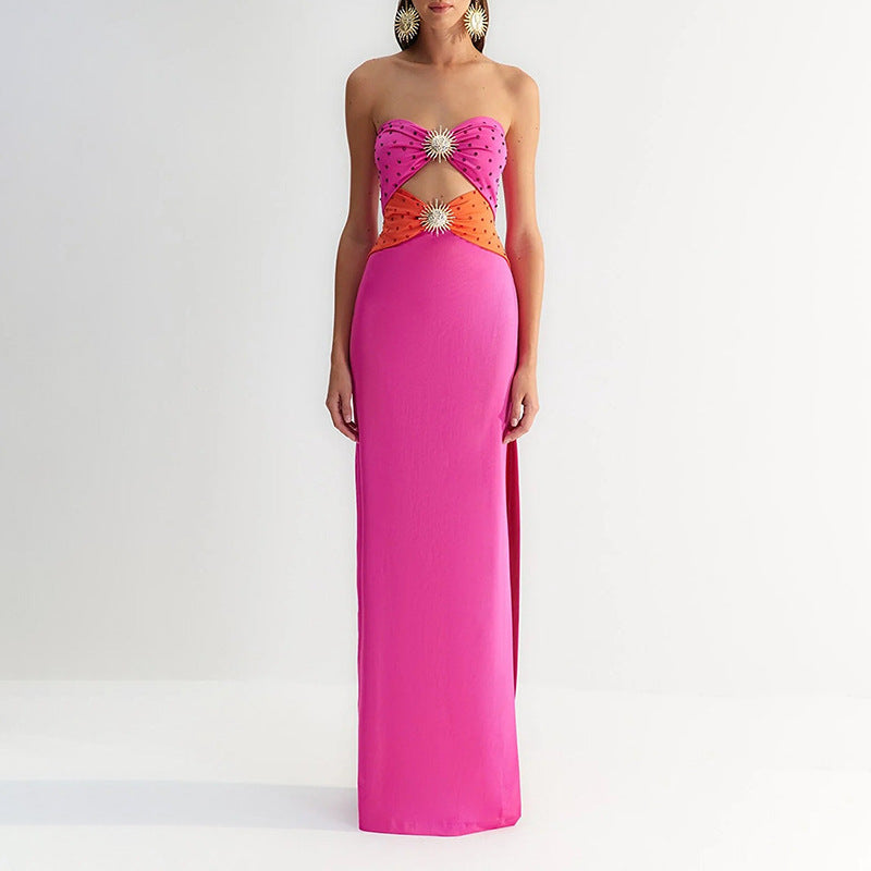 Vestido de fiesta sin tirantes con estampado de girasoles y aberturas sexys 