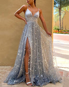 Vestido largo de fiesta azul grisáceo con escote en V, sin mangas y con lentejuelas