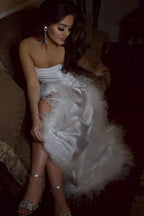 Sheath Strapless White Long Prom Dress with Split Front
