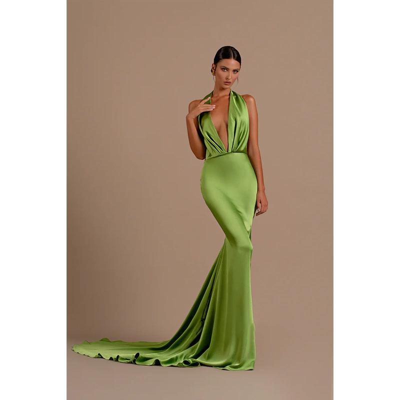 Vestido de fiesta formal largo de sirena con escote en V profundo y espalda descubierta sexy