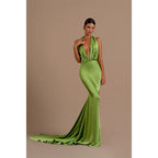 Vestido de fiesta formal largo de sirena con escote en V profundo y espalda descubierta sexy