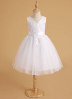 Vestido de niña de las flores sin mangas de tul y encaje hasta la rodilla 