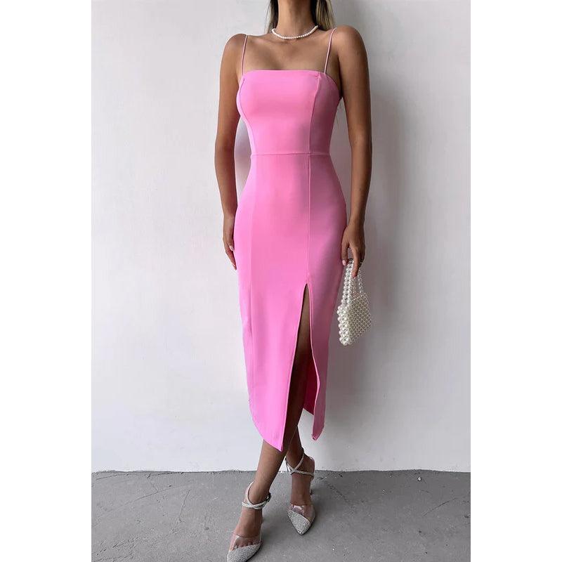 Vestido de noche de satén hasta la rodilla con tirantes finos y corte tubo/columna 