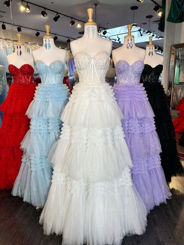 A-Line Sweetheart Tiered Long Tulle Prom Dress