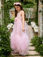 Vestido rosa de niña de las flores, corte en A, de gasa y largo hasta el suelo 