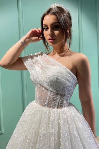 Vestidos de novia largos de corte princesa, elegantes y transparentes, de encaje, con un solo hombro. 
