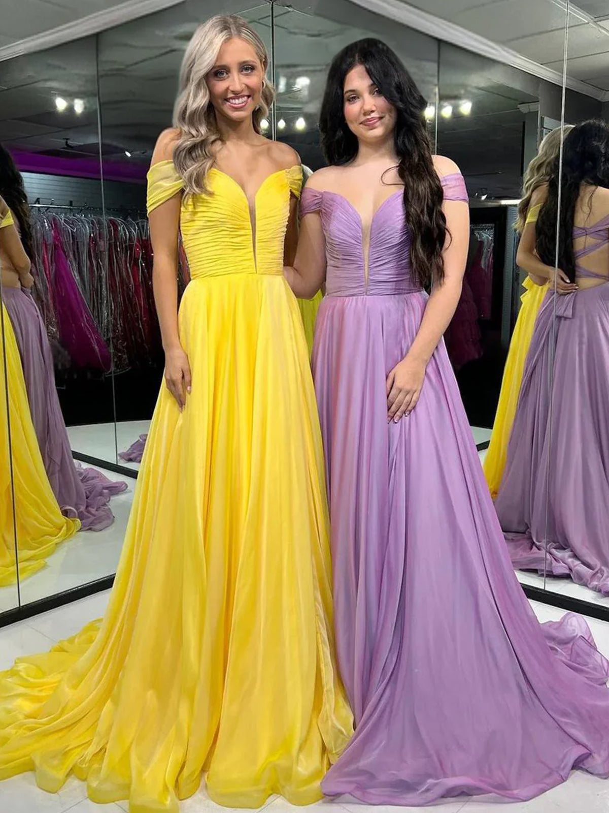 Dorita | Vestidos largos de fiesta de gasa con hombros descubiertos
