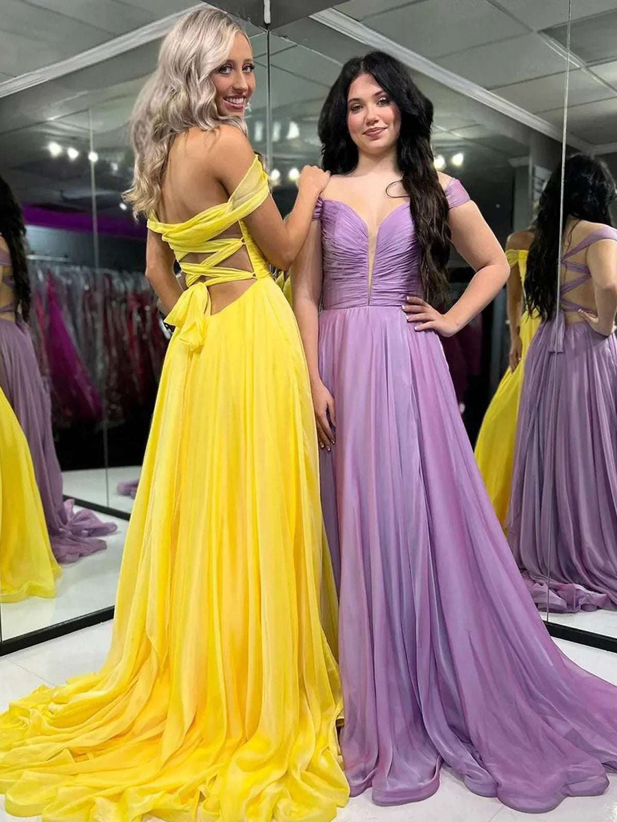 Dorita | Vestidos largos de fiesta de gasa con hombros descubiertos