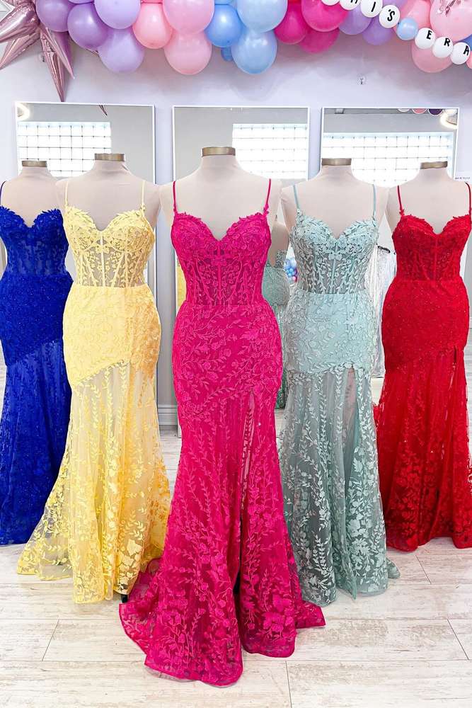 Peregrine | Hot Pink Lace Applique Long Mermaid Dress with Slit